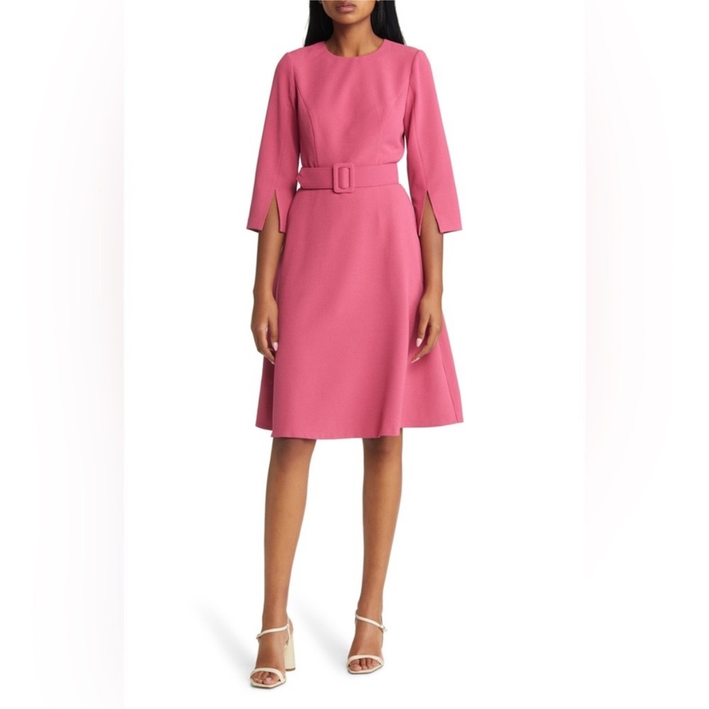 Eliza J Belted Solid Pink A-Line Split Sleeve Knee-Length Dress Size 10
